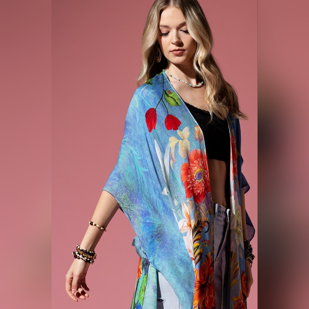 Dreamy Floral Print Kimono - Watercolor Effect Background - Soft Silky Material - Picture 3 of 7